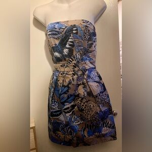 French Connection Blue and Tan Strapless Dress